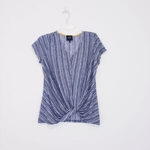W5 Blue & White Striped Top Front Knot V Neck Short Sleeves Size Medium